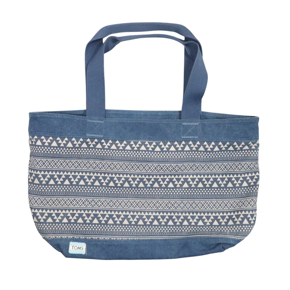 TOMS Canvas Tote Bag Mens OS Blue Geometric Tribal Print Cotton Beach Travel Era